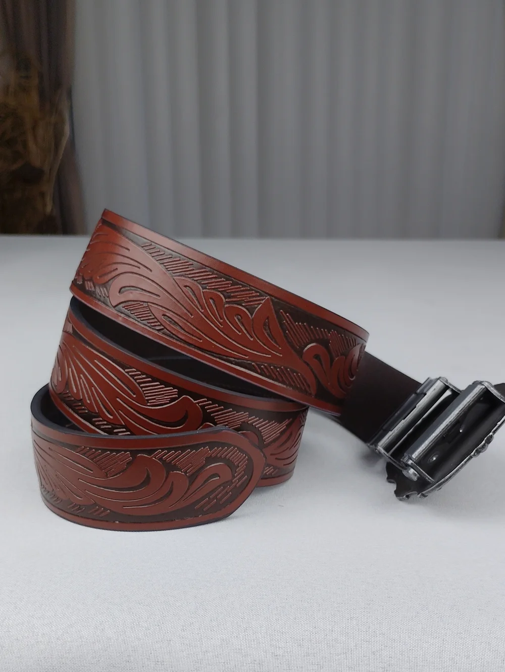 Belt Road Brown Tooled Leather Western Belt with Longhorn Buckle